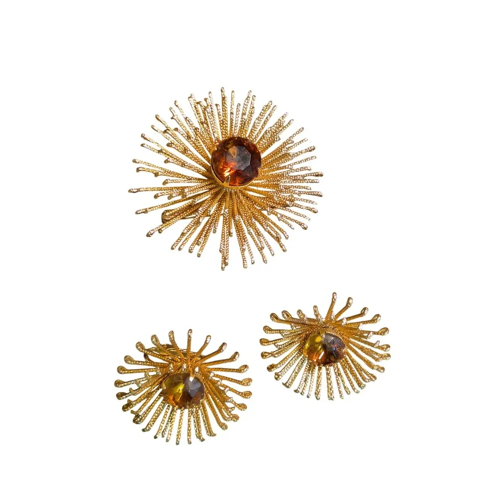 Vintage Coro Gold Tone Amber Rhinestone Sunburst Brooch and Clip Earring Set
